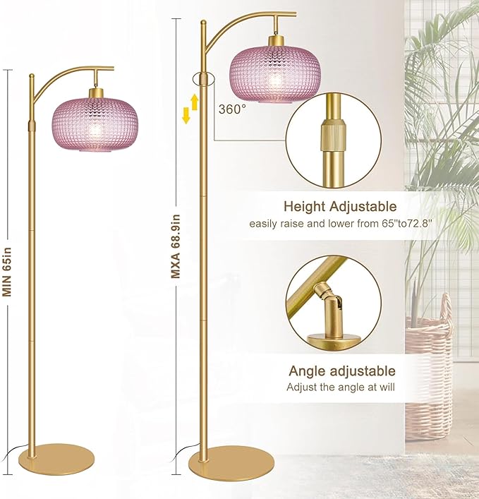 Glass Floor Lamp for Living Room, Modern Tall Standing Lamp with Pink Glass Lamp Shade, Dimmable Gold Tall Floor Lamp for Bedroom Office with Remote Control, 1 x 12W LED Bulbs Included