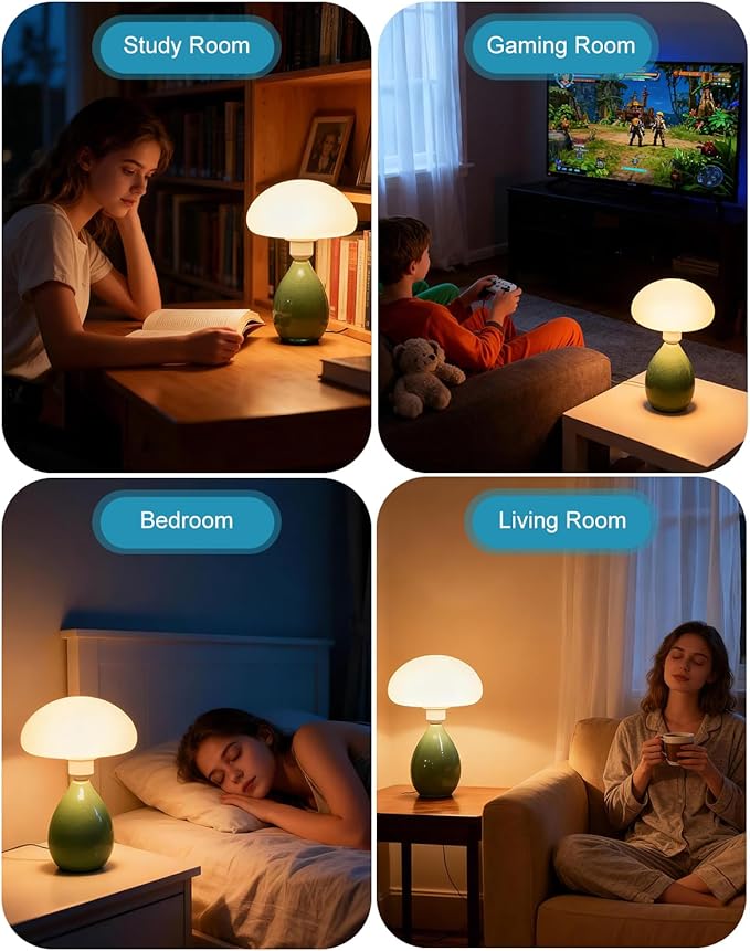 Lightdot Mid Century Modern Dimmable Table Lamp Green Ceramic 3000K Warmwhite Desk Lamp with Mushroom-Shaped Shade for Living Room Bedroom Bedside Nightstand House Office Home Reading