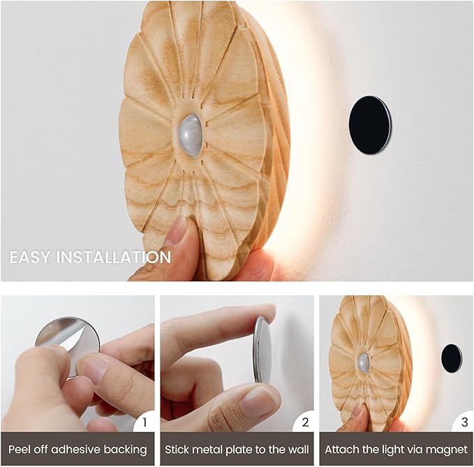 Motion Sensor Night Light Wooden Carved Flower Mini USB Rechargeable Stick-On Step Lights Magnetic Wall Lights for Hallway Bedroom Living Room Stair (2 Pack Ash Wood)