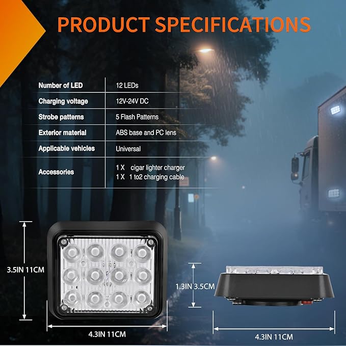 Nilight 12LED Magnetic Wireless Trailer Lights 2PCS Rechargeable Portable Hazard Beacon Warning Light White Emergency Strobe Light for Trucks Trailers Vehicles Cars Bus Surface Mount