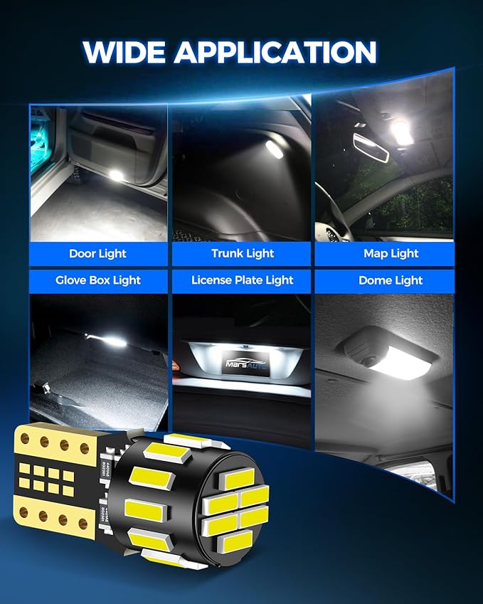 Marsauto 194 LED Bulb for License Plate Light, 6000K Super White 168 2825 W5W T10 Wedge Replacement LED Light Bulbs for Car Dome Map Courtesy Step Dash Trunk Light (Pack of 10)