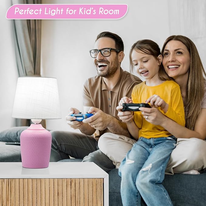 Sucolite Small 11.8'' Table Lamps Set of 2, Bedside Nightstand Lamps for Bedroom Kid’s Room, Cute Desk Lamps with Studded Texture Base for Reading Nursery Living Room Office, Pink