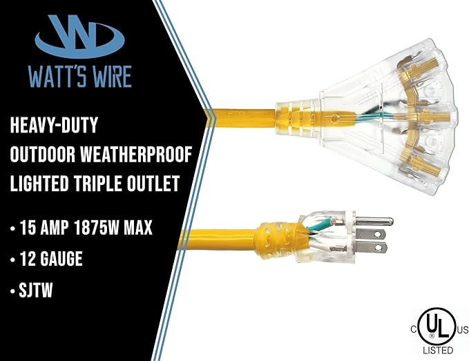 50 ft Outdoor Extension Cord Waterproof - 12 Gauge Heavy Duty Extension Cord 50 ft - Lighted Outdoor Extension Cords with Multiple Outlets - Watts Wire - 50' Grounded - extensiones electricas