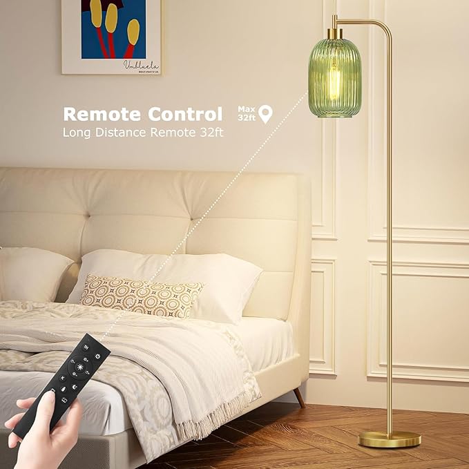 Floor Lamp for Living Room,Bedroom,Gold Dimmable Standing Lamp with Remote,Mid Century Modern Brass Tall Lamp Retro Vintage Green Glass Lamp Floor Light Boho Bohemian