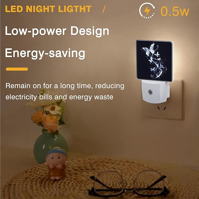 Night Light Glowing Butterflies Night Lights Plug into Wall Smart Dusk to Dawn Sensor 0.5W Energy Efficient Led Lamp for Men Women Bedroom Bathroom Hallway Stairway Decor