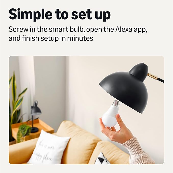 Amazon Basics Smart Indoor LED Light Bulb, Sunset-to-Midnight Activated, Works with Alexa Only, Tunable White, 7.5 W, 4-Pack