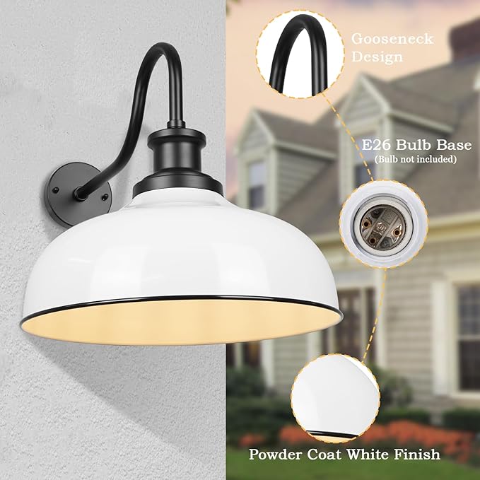 Outdoor Gooseneck Barn Light,16 Inch Dome Outdoor Wall Sconce Farmhouse Exterior Wall Mount Light Vintage Wall Lighting Fixture Industrial Wall Lantern for Porch, Entryway, Garage, RZ007L WH