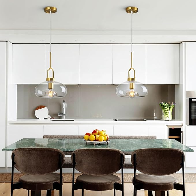 Clear Glass Pendant Lights Kitchen Island Gold Pendant Light Fixtures Adjustable Height Modern Pendant Lighting for Bedroom Dining Room (1-Pack)