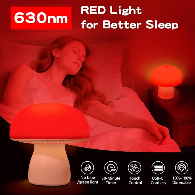 Red Night Light, Mushroom Lamp for Sleep & Relaxation, Dimmable 630nm Red Light with Timer, Touch Control for Bedroom Nursery Yoga, Promotes Melatonin, Portable Wireless for Adults Kids