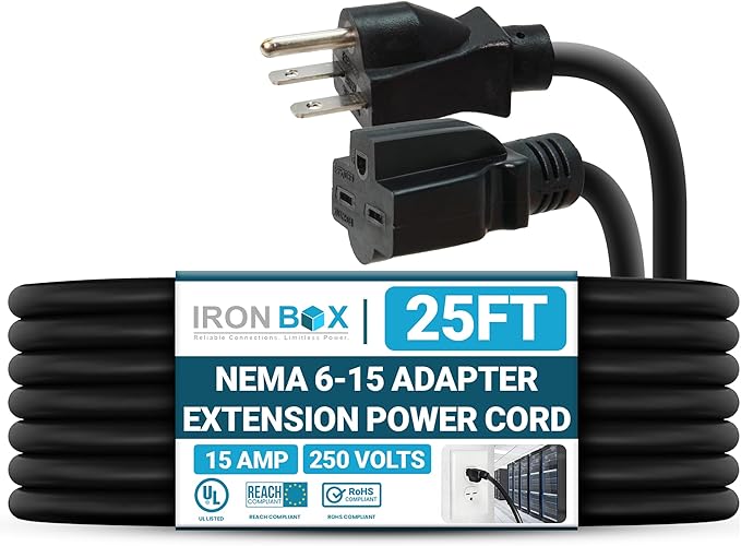IronBox Electric - NEMA 6-15 Adapter Extension Power Cord - Rated for 15A/250V - 14 AWG Jacket - Heavy Duty Extension Cable - Weatherproof Design - Ideal for Indoor and Outdoor Use (25 feet, Molded)
