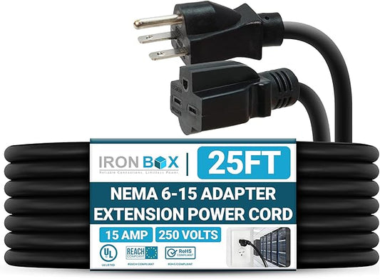 IronBox Electric - NEMA 6-15 Adapter Extension Power Cord - Rated for 15A/250V - 14 AWG Jacket - Heavy Duty Extension Cable - Weatherproof Design - Ideal for Indoor and Outdoor Use (25 feet, Molded)