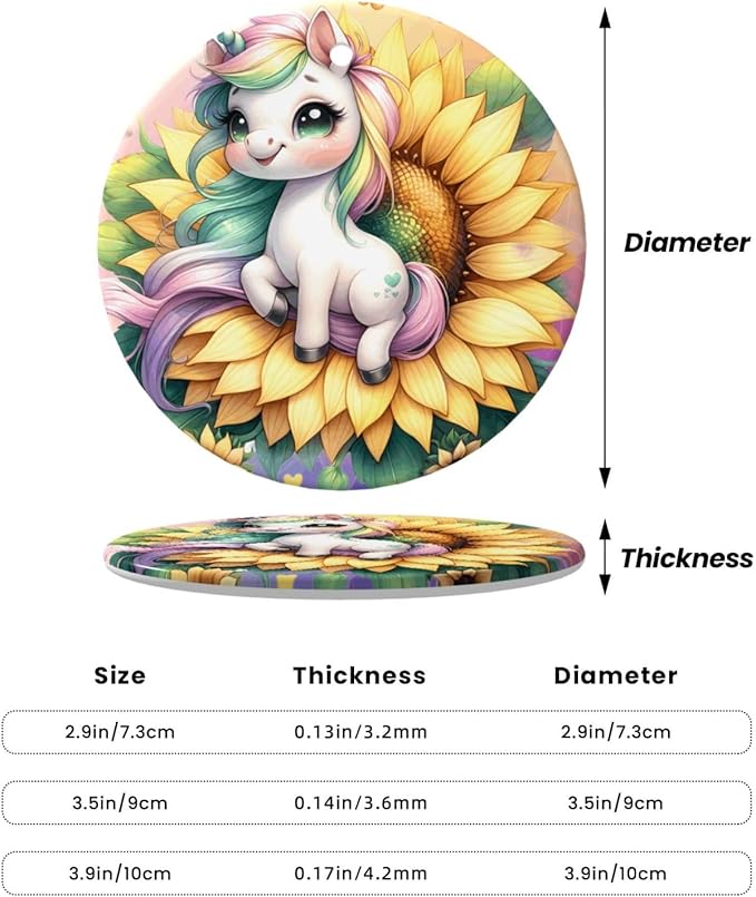 Cartoon Unicorn Sunflower Christmas Ornaments, Christmas Decorations Xmas Tree Hanging Ornaments, Round Ceramic Festive Keepsake Gift for Xmas Decorations Holiday Home Decor