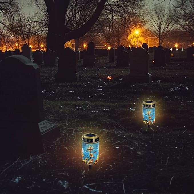 Light for Prayer Cemetery Sunflower Solar Lights for Grave Cemetery Candle Lamp Corss Grave Lights Garden Cemetery Decor Memorial