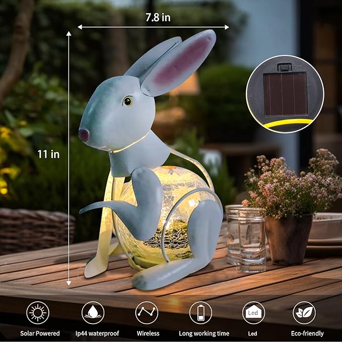 MUMTOP Metal White Rabbit Solar Lights Decorative, Bunny Easter Decorations Cracked Glass Light Tabletop Lantern, Spring Decor Solar Lanterns Outdoor Waterproof for Yard Patio Garden Easter Gift