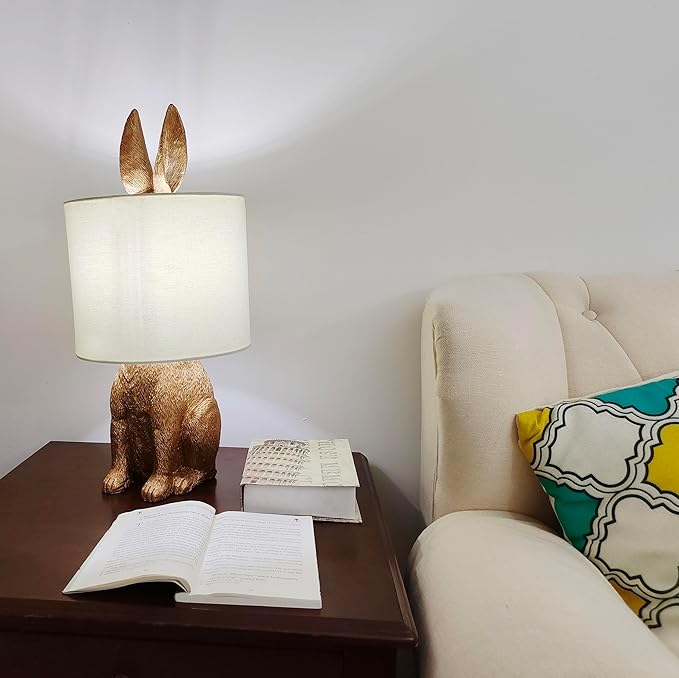 Bunny Table Lamp Golden Resin Rabbit Nightstand Light with Fabric Shade Bedside Table Light Living Room Decoration