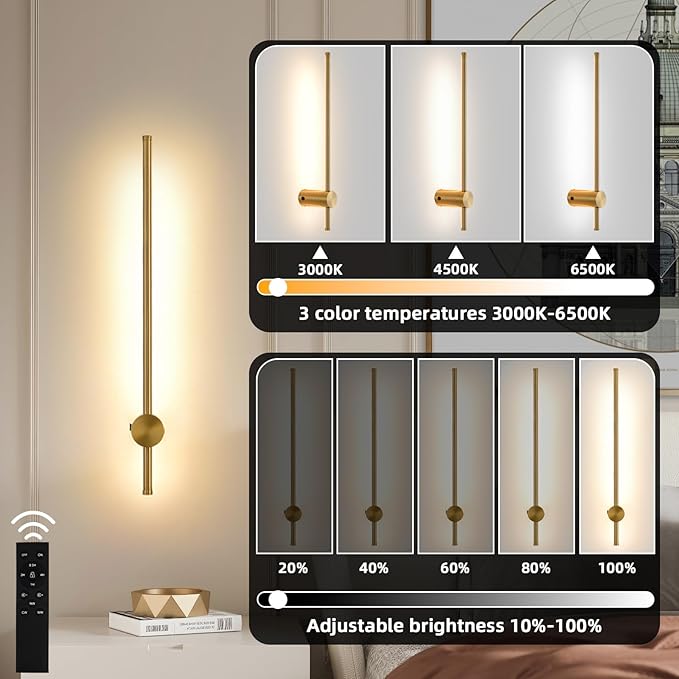 Battery Operated Wall Sconce USB Rechargeable Sconces, 23.6" Brushed Gold Wireless Wall lamp Set of 2, 3000K-6000K & Dimming with Remote Control, LED Wall Lights for Living Room, Bedroom