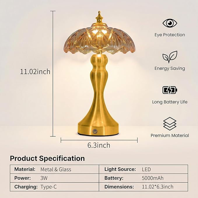 Cordless LED Table Lamp with Glass Shade, 3-Level Brightness & 3 Color Temperatures Touch Control, Rechargeable Portable Bedside Lamp for Nightstand Bedroom Living Room (Amber)