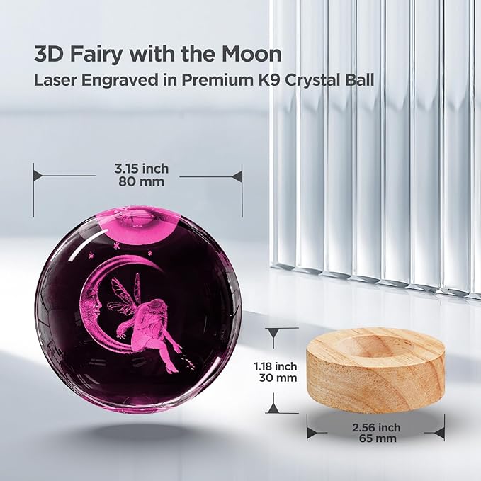 3D Moon Fairy Crystal Ball Night Light with Remote Upgraded 3.15 In Fairy Moon Figurine Glass Ball Lamp with 16 Color Wooden LED Base Elegant Fairy Room Table Decor Gifts for Kid Teens Women