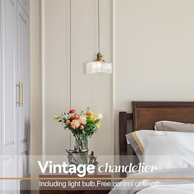 Plug in Pendant Light for Ceiling, 7.09 Inch Vintage Light Fixtures Clear Glass Lampshade Hanging Lights with Plug in Cord Two Ways Switches Industrial Pendant Lights for Bedroom Living Room