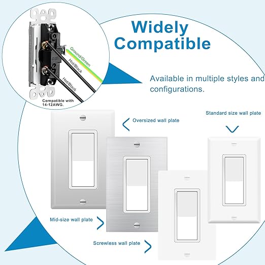 GreenCycle Single Pole Switch White,24 Pack SP Rocker Light Switch 15A 120/277V, On/Off Rocker Paddle Interrupter, Residential/Commercial Grade,Home & Office,UL/CUL, White
