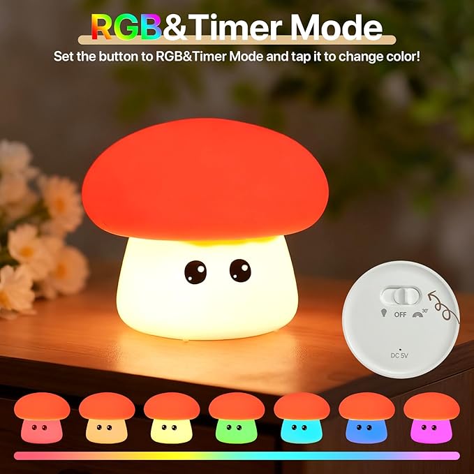Cute Mushroom Night Light for Kids Rechargeable, Battery Operated Nightlight 3 Level Dimmable with RGB&Timer, Silicone Touch Nursery Lamp for Baby Girls Boys Bedroom Gifts