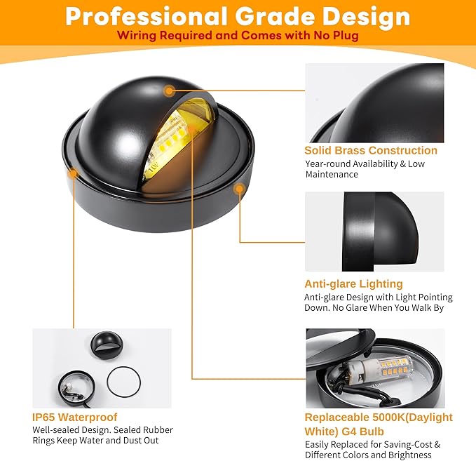 Gardenreet Low Voltage LED Deck Lights - Solid Brass Landscape Step Lights, Outdoor 12V Hardwired IP65 Waterproof, Black Round for Stair Patio Wall Yard with 3W 5000K Daylight G4 Bulb 4 Pack