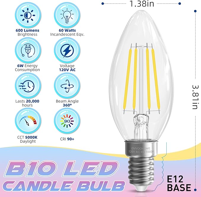 Candelabra Light Bulbs, 6W Equivalent to 60 watt E12 LED Bulb 5000K Daylight Non-Dimmable, LED Chandelier Light Bulb, B10 Candle Bulbs, 90+CRI, 600LM, Cear Glass, 24 Pack