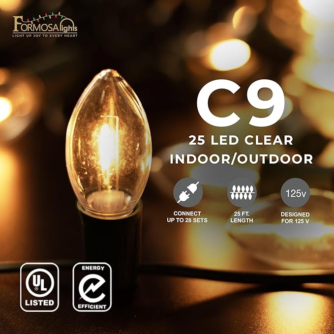 C9 26ft Indoor/Outdoor Clear LED Christmas String Lights with 25 Bulbs and E17 Base | 120V, 0.6W