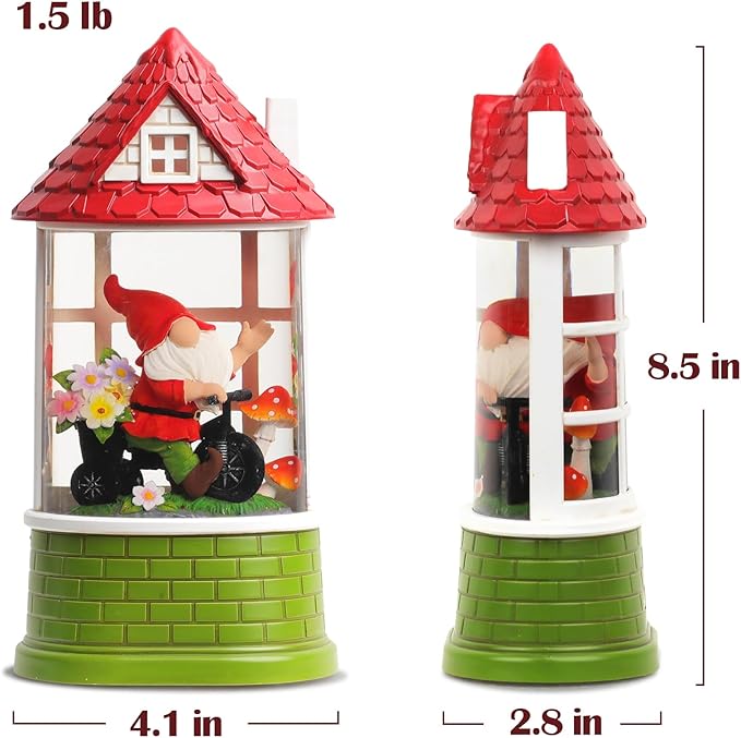 Spring Snow Globe Lantern Easter Decorations for Home with Timer Swirling Glitter, Lighted Indoor Decor Gifts with Gnome, USB or Battery Operated
