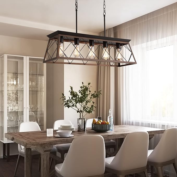 Q&S Farmhouse Rustic Chandelier Light Fixtures Bronze 5 Lights Linear Rectangular Chandelier Pendant Light Fixtures for Dining Room Kitchen Island Pool Bar Office Living Room Entryway UL Listed