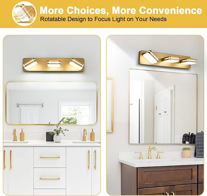 1300LM LED Modern Bathroom Vanity Light Fixtures, 360° Rotate Acrylic Gold Vanity Lights for Bathroom, Modern Wall Lighting Fixtures Over Mirror Kitchen Living Room (Natural White Light 5000K)