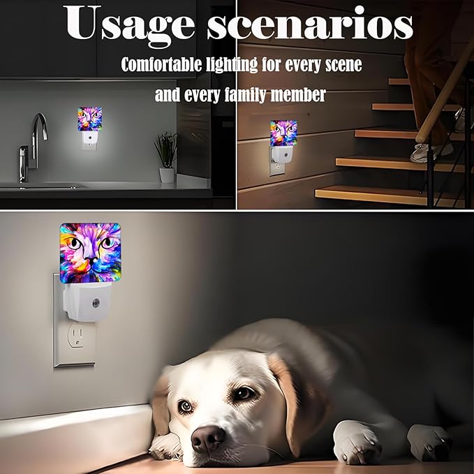 Colorful Cat Face Night Light,Plug Into Wall Decor for Stairway,Hallway,Kitchen,Dusk to Dawn Sensor Nightlights for Boys/Girls/Women/Men Room Gifts