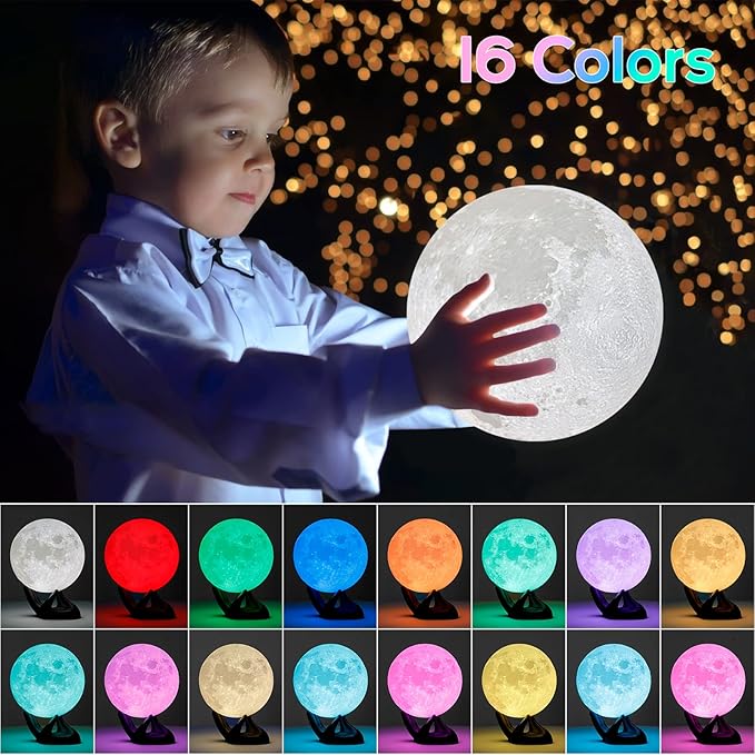 BRIGHTWORLD 5.9inch Moon Lamp 3D Printing Moon Light 16 Colors Night Light, Birthday Gift Mothers Day Gifts for Women Men Girls Boys Kids, Remote/Touch Control USB Rechargeable (Black Hand Stand)