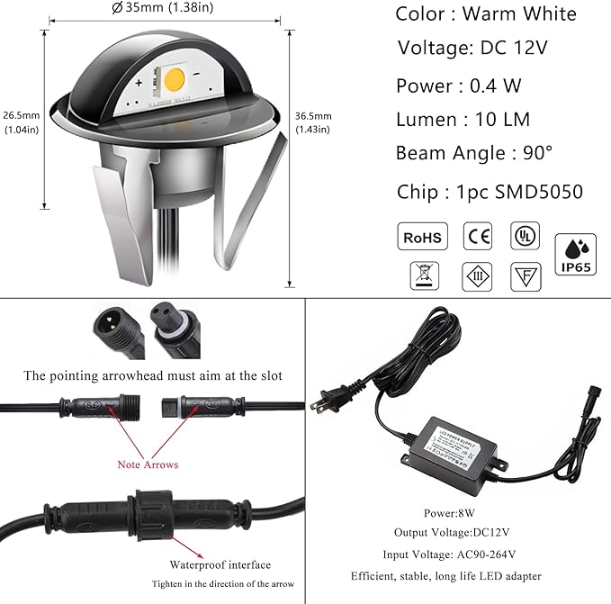 RNEHON 16-Pack Warm White LED Deck Lights Kit, Φ1.38 12V Low Voltage Step Stair Lights,IP65 Waterproof Recessed Landscape Lighting, Adapt for Garden,Yard Steps,Stair,Patio,Floor,Kitchen Decoration