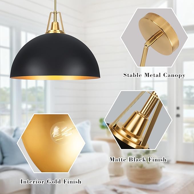 19.69" Large Black Dome Pendant Light Fixtures, Black and Gold Dome Pendant Lights for Kitchen Island, Farmhouse Chandeliers for Dining Room, Living Room, Bedroom, Entryway, Foyer
