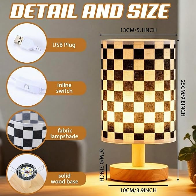 Baquler Bedside Lamp for Bedroom Black White Checkered Table Lamp with USB Racing Birthday Party Gifts Wood Base Round Flaxen Fabric Shade for Desk Living Room Office Classroom