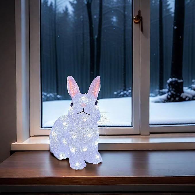 Gloworm YKL-1019, 22CM Acrylic Rabbit Lighting, Garden/Home/Easter Figure Light Up, with 26 White LEDs, 6H Timer, Dual Power Supply USB or Batteries: 3 x AA (Not Included) Bunny Night Light Indoor
