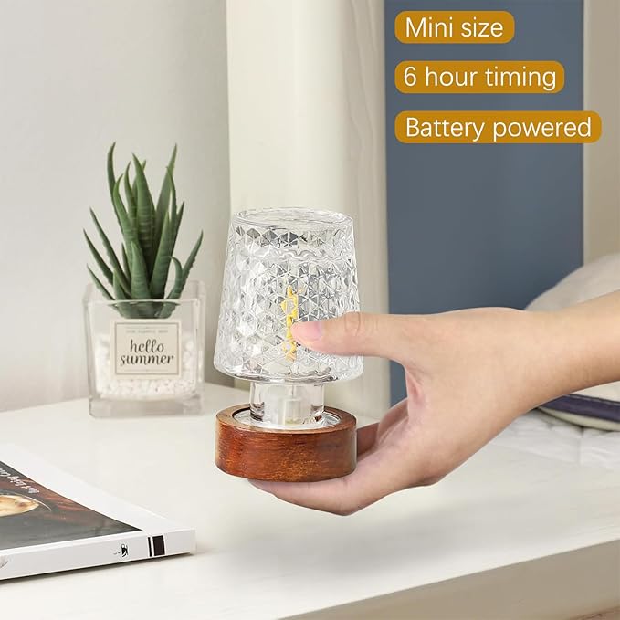 Mini Soft Warm LED Night Light, Battery Operated Portable Glass Lamp with Timer, Art Deco Style, Crystal Color, for Adults