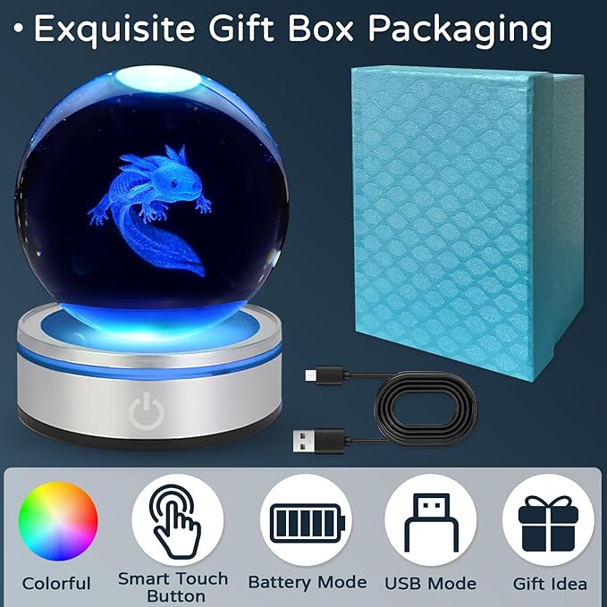 3D Axolotl Crystal Ball Night Light With LED Colorful Light Touch Base 3.15 In Glass Ball Lamp for Birthday Christmas, Cool Toy Gift for Boys Girls Kids Axolotl Figurines Home Decor