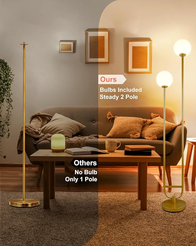 63IN Dimmable Floor Lamp with Shelf, Unique Globe Gold Tall Standing Lamps with 2 Bulbs, 3000K Warmwhite Mid Century Modern Floor Lamp for Living Room/Bedroom