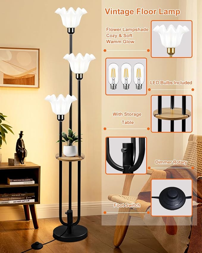 Lightdot Flower Floor Lamp for Living Room, Dimmable Vintage Floor Lamp with Shelf& Bulbs Included, 3 Light Warmwhite Mid Century Black Floral Standing Tall Lamp for Bedroom/Sofa Beside/Corner Decor