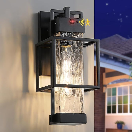 Motion Sensor Outdoor Lights, Dusk to Dawn Outdoor Lighting Exterior Light Fixture with Water Glass, Waterproof Sconce Wall Mount for House Porch Patio Garage, Bulb Included