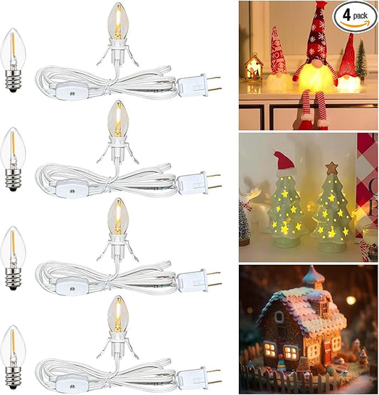 4 Set 6Ft White LED Accessory Cord with Light Bulb 8Pcs (4 for Spare) with Switch On/Off, Light up Christmas Decor - Clip-in C7 String Lights for Christmas Village House Salt Lamp & Blow Mold, 0.6W