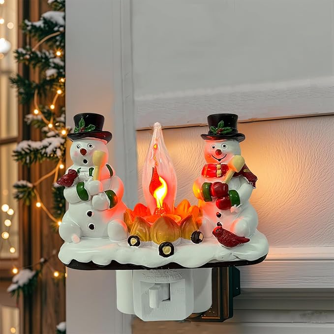 2025 Christmas Night Light, 3D Christmas Snowman Campfire Nightlight, Christmas Eve Campfire Flickering Night Light Gifts for Family, 120V Plug-in Powered for Festive Ambiance
