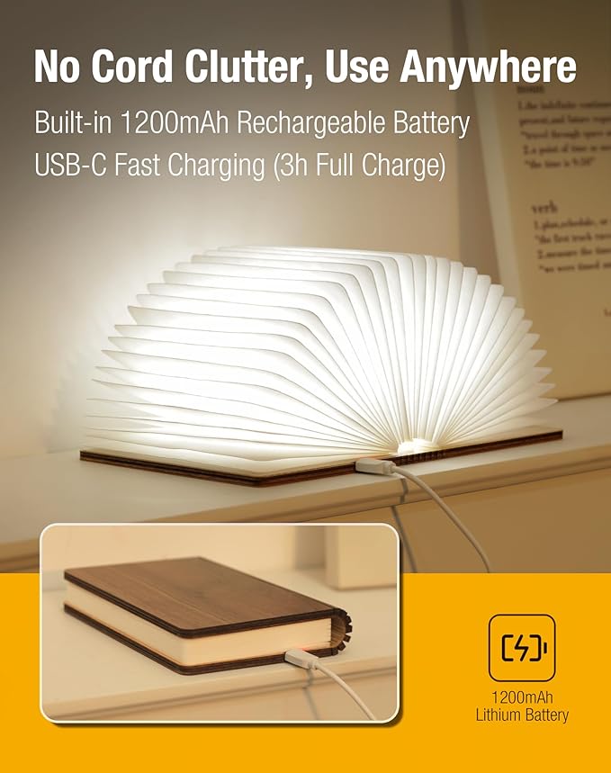 5.7 Inch Wooden Book Lamp - Portable Folding LED Book Light for Reading, Home & Library Decor, Unique Gift for Book Lovers, Magnetic Night Light (Walnut)