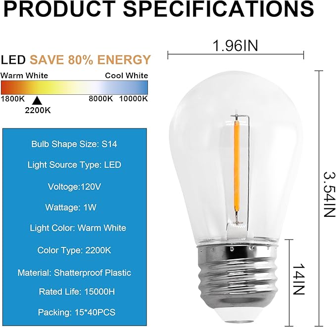 15-Pack S14 LED Replace Light Bulbs for Patio String Light Shatter-Resistant Waterproof Hanging Light Bulbs for Outdoor String Lights Base E26 (15 Per Box)
