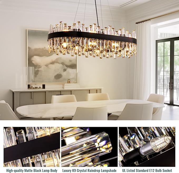 Siljoy Modern Crystal Chandelier Luxury Black 2-Tiers Raindrop Chandelier Adjustable Oval K9 Crystal Ceiling Light Fixture for Dining Room Kitchen Island Bar L35.4'' x W15.7'' x H9.8'', E12 x 16