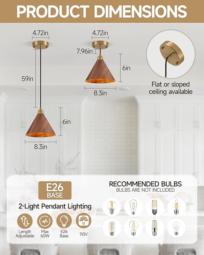 2 Pack Pendant Lights Kitchen Island, 8.3” Modern Pendant Light, Adjustable Height Wood Hanging Light, Kitchen Island Light fixtures for Dining Room, Bedroom, Hallway, Bar (Walnut)