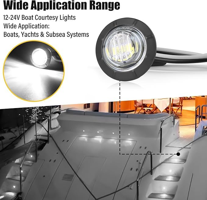 ALFU 10PCS 3/4" White 12V LED Boat Interior Lights Marine Navigation Lights Clearance Marker Lights Round Bullet Side Indicator Lamps for Truck, Trailer, RV, Van, Boat, Bus, Caravan