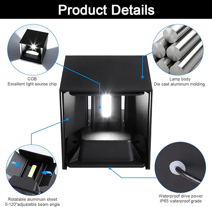 Juyace 20W 6000K LED Sconce Wall Up and Down Exterior Lighting hardwire No photocells Light Fixtures with Angle-Adjustable Square 4.7" IP65 Waterproof for Porch Patio 2 Pack